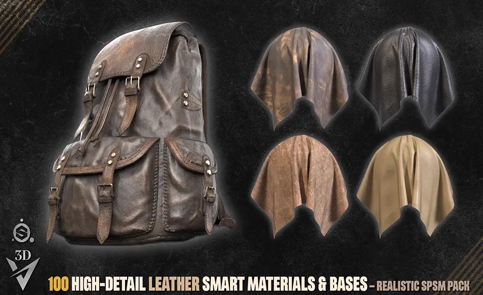 100 种高精度皮革材质 100 High-Detail Leather Smart Materials & Bases – Realistic SPSM & SBSAR Pack