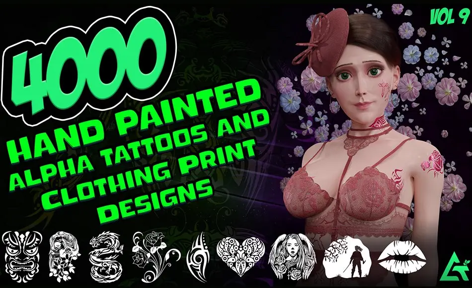 4000 张手绘纹身和服装贴花设计包 Hand Painted Alpha Tattoos and Clothing Print Designs (MEGA Pack) – Vol 9
