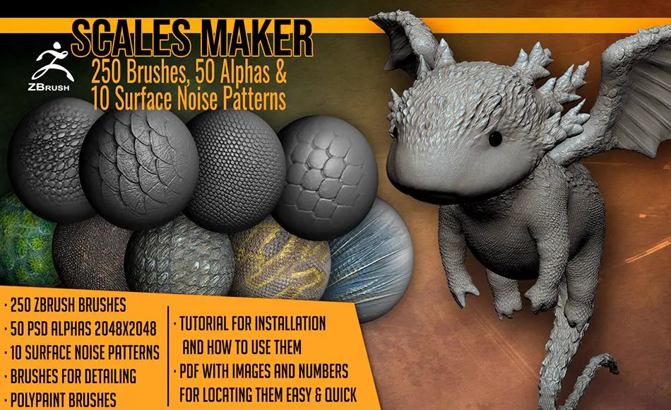 Zbrush笔刷 – 鳞片贴图纹理 250 ZBrush Brushes, 50 Alphas, and 10 Surface Patterns