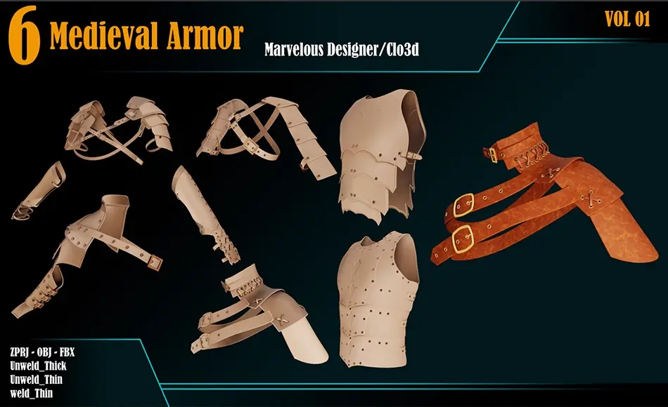 模型资产 – 中世纪盔甲 6 Medieval Armor _VOL 01 _Marvelous/CLO +ZPRJ +OBJ+FBX