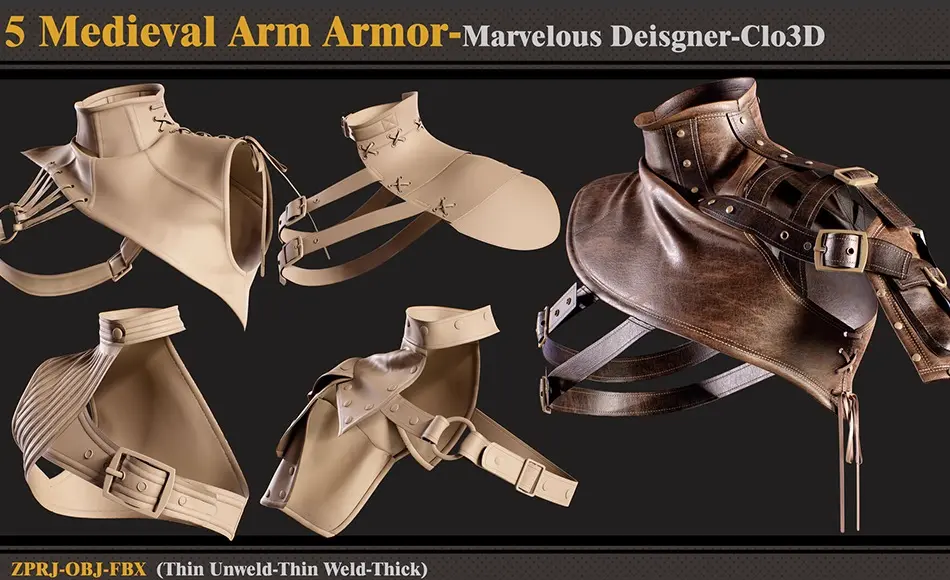 模型资产 – 中世纪盔甲模型 5 Medieval Arm Armor/Marvelous Designer-Clo3D (ZPRJ + FBX + OBJ)
