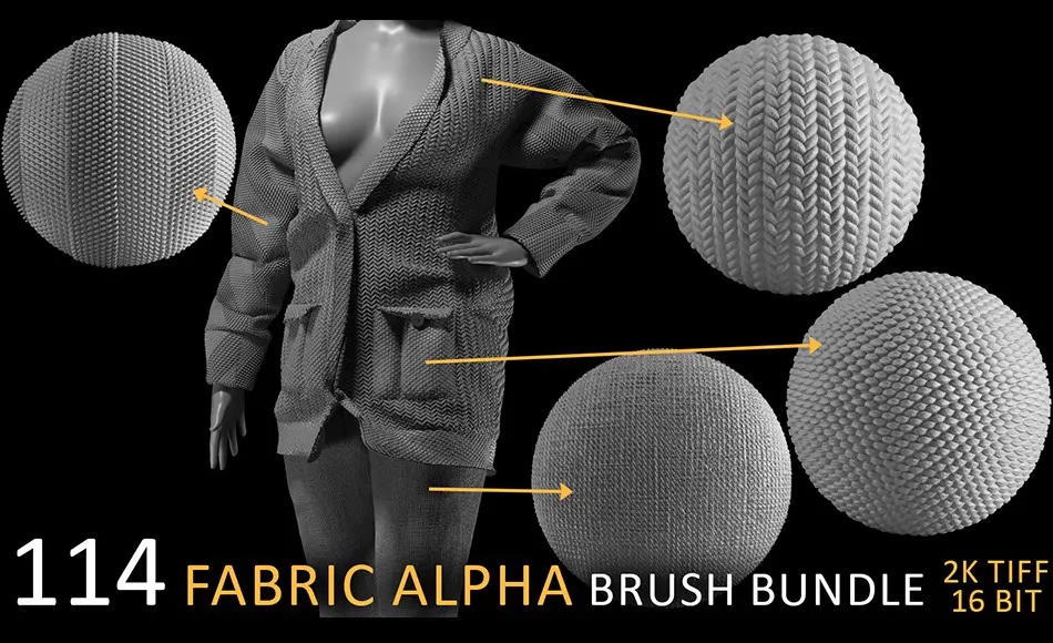 114 组织物画笔贴图 Fabric alpha brush BIG bundle (2k tiff 16bit)