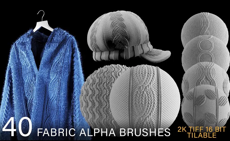 40 款织物纹理笔刷套装 40 fabric alpha brush bundle : TRICOT & KNITTED (2k tiff 16 bit) + FREE video