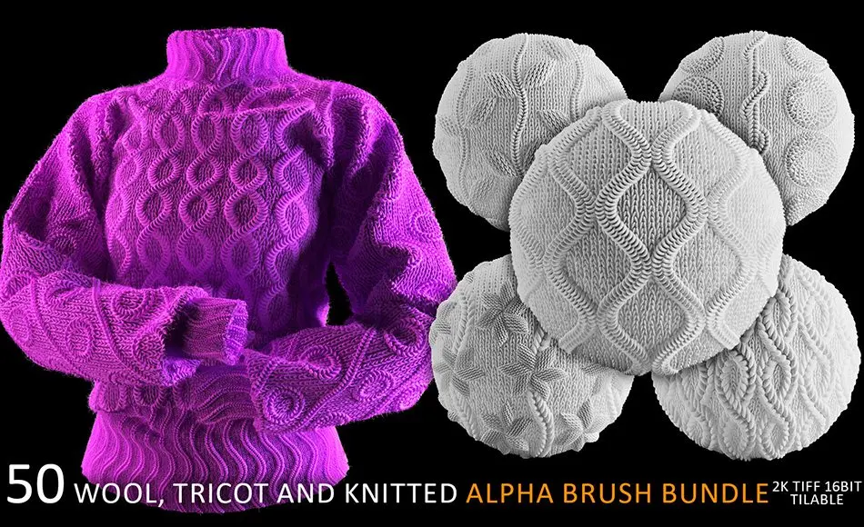 50 组羊毛、针织画笔贴图套装 WOOL, TRICOT AND KNITTED Alpha Brush Bundle vol2