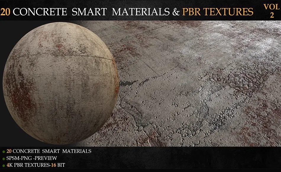 20 种混凝土智能材质和 PBR 纹理 20 CONCRETE SMART MATERIALS & PBR TEXTURES-VOL 2