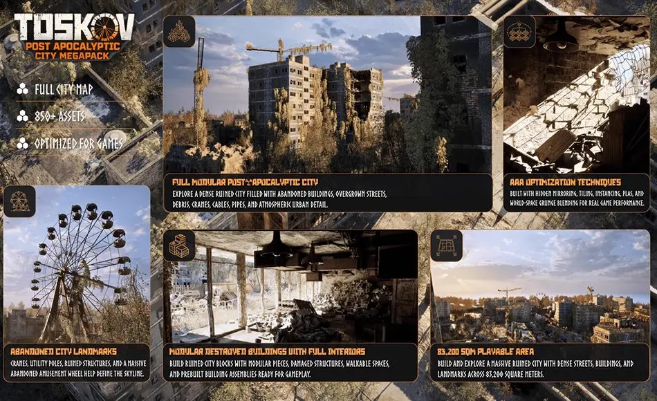 【UE5】末日后城市大型扩展包 Toskov: Post Apocalyptic City Megapack (Modular City, Post Apocalyptic City)