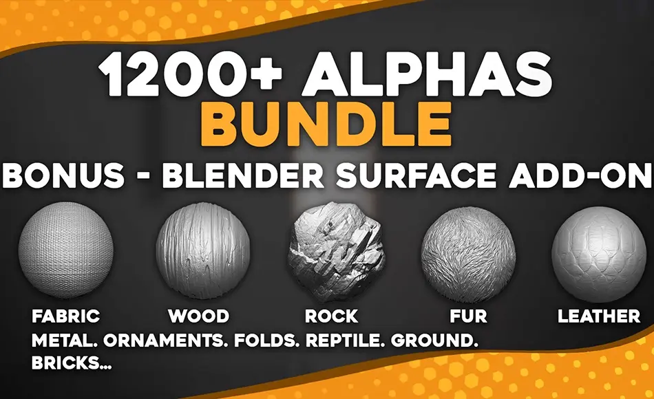 1200 种贴图资产包 1200+ Alphas Bundle for ZBrush, Bledner. Surface Add-on for Blender