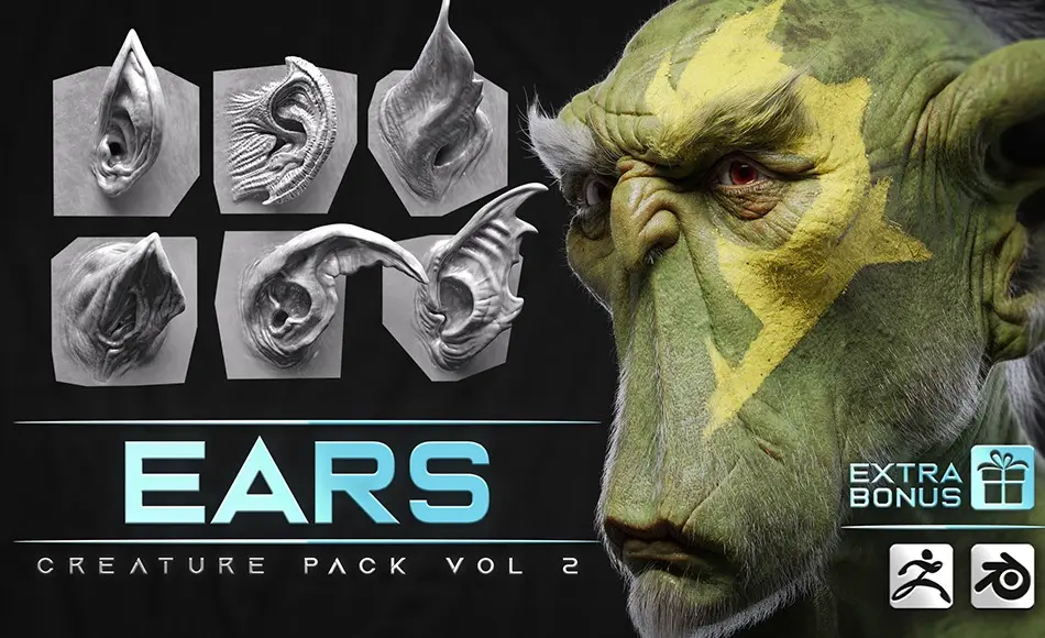 模型资产 – 44 款生物耳朵模型 44 Ears – High Detailed Ears For Creatures – Vdm Blender, Zbrush + Bonus
