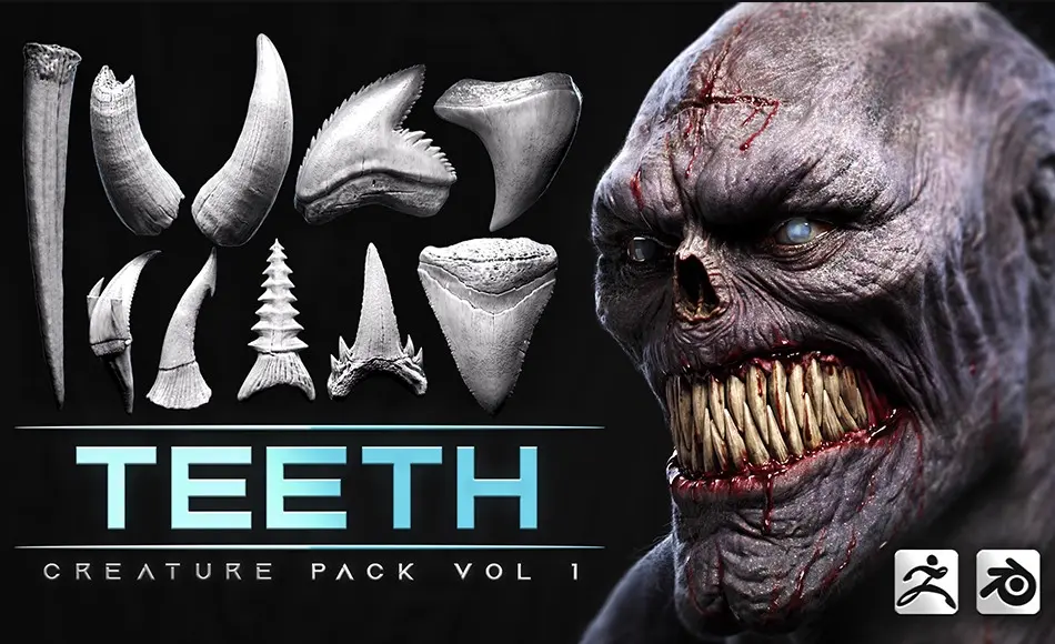 模型资产 – 44 颗生物牙齿模型 44 Teeth – High Detailed Teeth For Creatures – Blender Assets Library, Imm Zbrush