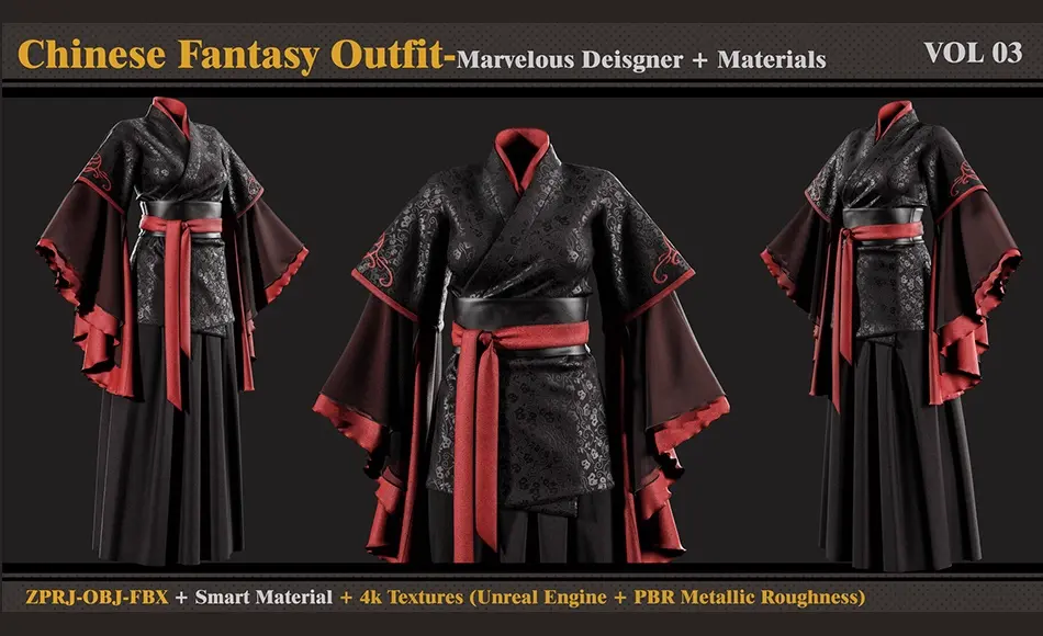 中国女性奇幻服装 Chinese Fantasy Outfit-FEMALE-MD/Clo3d+Smart Material+4K Textures+OBJ+FBX (vol 03)