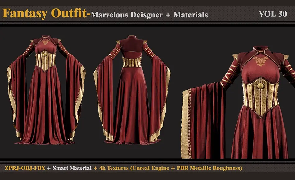 女性奇幻服装 Fantasy Outfit-FEMALE- MD/Clo3d + Smart Material + 4K Textures + OBJ + FBX (vol 30)