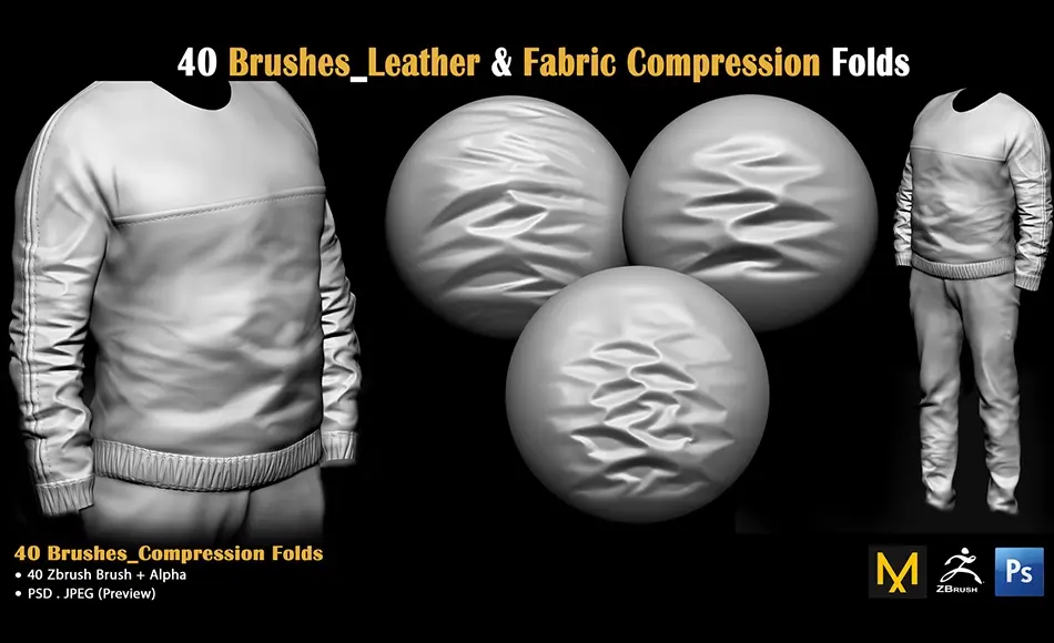 40 组皮革褶皱笔刷 40 Brushes_Leather & Fabric Compression Folds