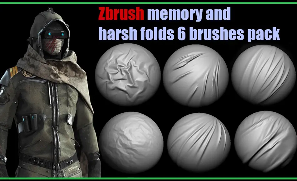 6 组布料褶皱笔刷 Memory and harsh folds for fabric (6 brush pack for Zbrush)