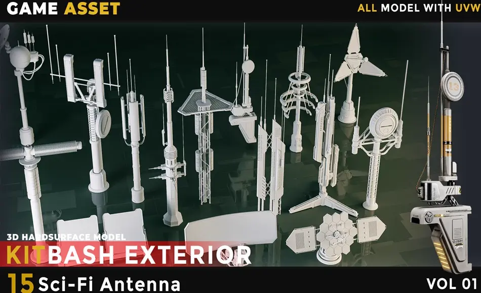 模型资产 – 15 种科幻天线 15 Sci-Fi Antenna Vol 01